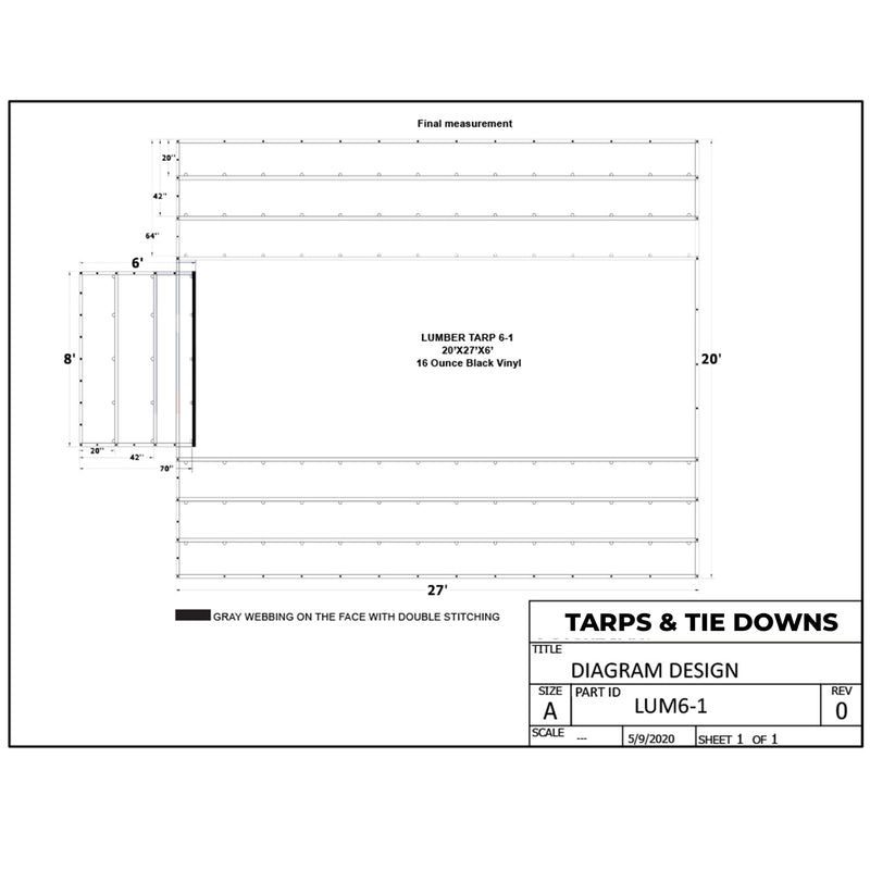 Heavy Duty Lumber Truck Tarps - 20' x 27' (6' Drop) Black 16 oz