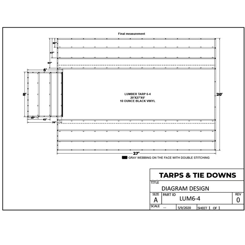 Heavy Duty Lumber Truck Tarps - 20' x 27' (6' Drop) Black 10 oz
