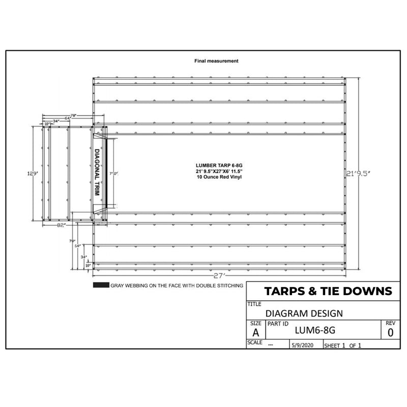 Heavy Duty Lumber Truck Tarps - 21'9.5'' x 27' (6'11.5'' Drop) Black 10 oz