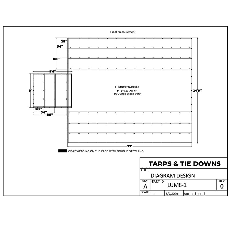 Heavy Duty Lumber Truck Tarps - 24'6'' x 27' (8' Drop) Black 16 oz