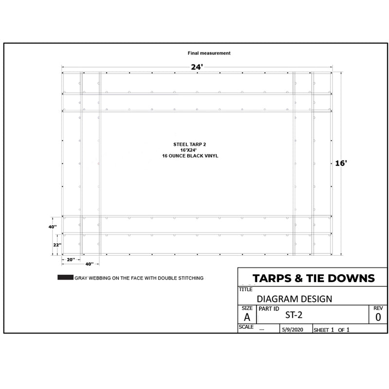 Heavy Duty Steel Truck Tarps - 16' x 24' (2R | 4S) Black 16 oz